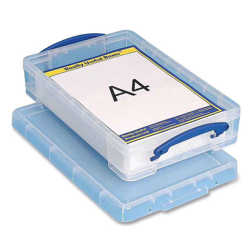 Really Useful Box Snap-Lid Storage Bin, 1.05 gal, 10.25" x 14.5" x 3.37", Clear/Blue (RUA4LITRECLEAR)