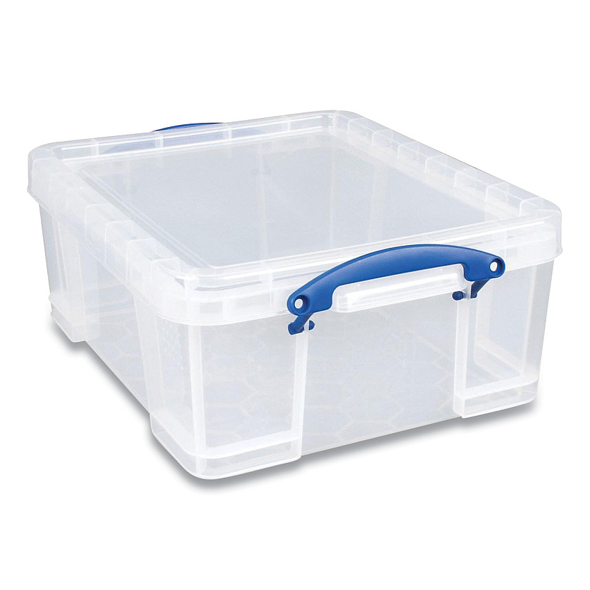Really Useful Box Snap-Lid Storage Bin, 4.49 gal, 11" x 18" x 4", Clear/Blue, 4/Pack (RUA17CPK4CB)