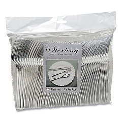 Tablemate Sterling Heavy-Duty Plastic Cutlery, Forks, Silver, 50/Pack (TBL8305FSV)