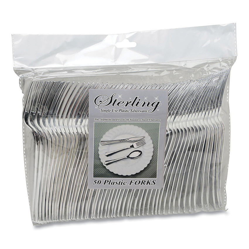 Tablemate Sterling Heavy-Duty Plastic Cutlery, Forks, Silver, 50/Pack (TBL8305FSV)