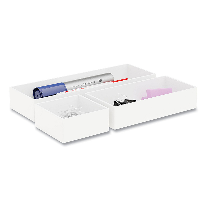 TRU RED Three-Piece Plastic Drawer Organizer, 3.23 x 3.23 x 1.47, 6.26 x 3.23 x 1.47, 9.5 x 3.23 x 1.47, White, 3/Set (TUD24380392)