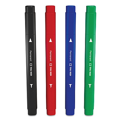 TRU RED Permanent Marker, Pen-Style Twin-Tip, Extra-Fine/Fine Bullet/Needle Tips, Assorted Colors, 4/Pack (TUD24417734)