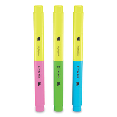 TRU RED Tank Style Twin Tip Highlighters, Assorted Ink Colors, Chisel Tip, Assorted Barrel Colors, 3/Pack (TUD24417737)