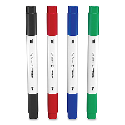 TRU RED Dry Erase Marker, Tank-Style Twin-Tip, Fine/Medium Bullet/Chisel Tips, Assorted Colors, 4/Pack (TUD24417744)