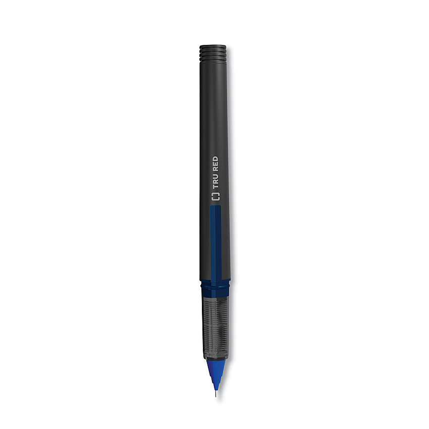 TRU RED Roller Ball Pen, Stick, Fine 0.5 mm Needle Tip, Blue Ink, Black/Blue/Clear Barrel, Dozen (TUD24419530)