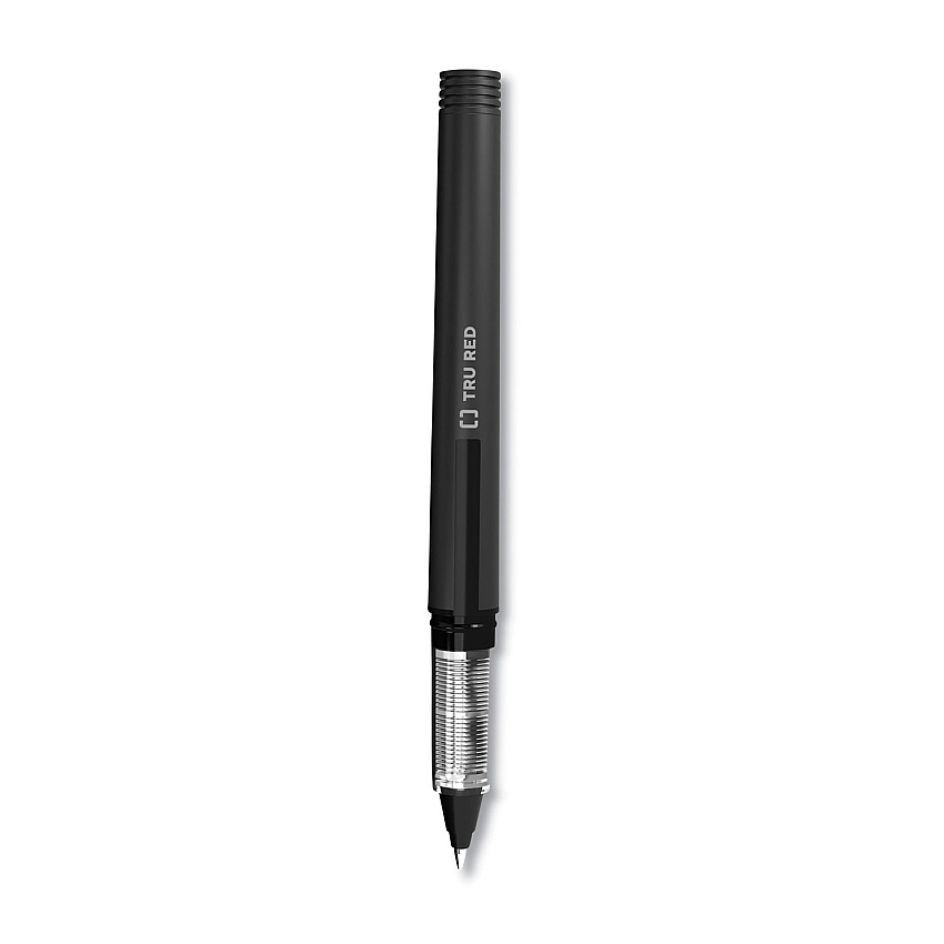 TRU RED Roller Ball Pen, Stick, Fine 0.5 mm, Black Ink, Black/Clear Barrel, Dozen (TUD24419532)
