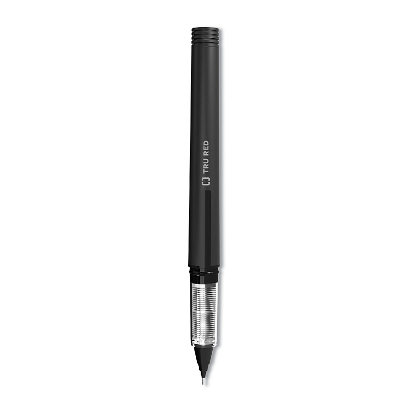 TRU RED Roller Ball Pen, Stick, Fine 0.5 mm Needle Tip, Black Ink, Black/Clear Barrel, Dozen (TUD24419533)