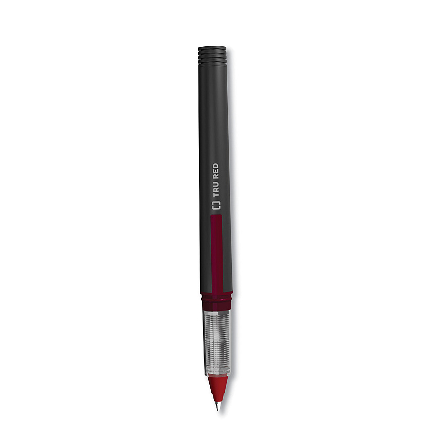TRU RED Roller Ball Pen, Stick, Fine 0.5 mm, Red Ink, Black/Red/Clear Barrel, Dozen (TUD24419534)