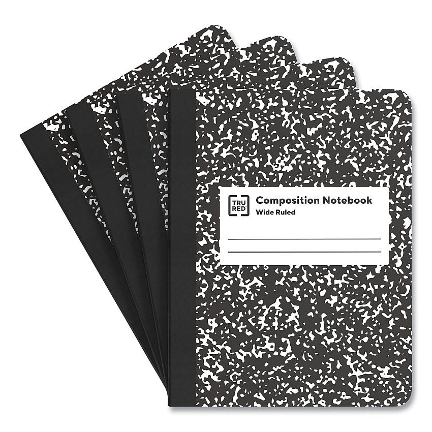 TRU RED Composition Notebook, Wide/Legal Rule, Black Marble Cover, (100) 9.75 x 7.5 Sheets, 4/Pack (TUD24422964)