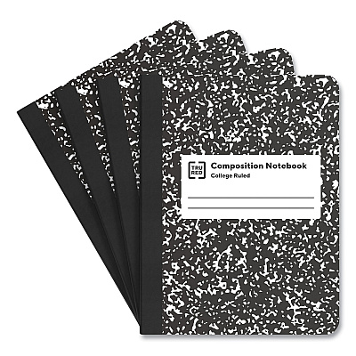 TRU RED Composition Notebook, Medium/College Rule, Black Marble Cover, (100) 9.75 x 7.5 Sheets, 4/Pack (TUD24422978)