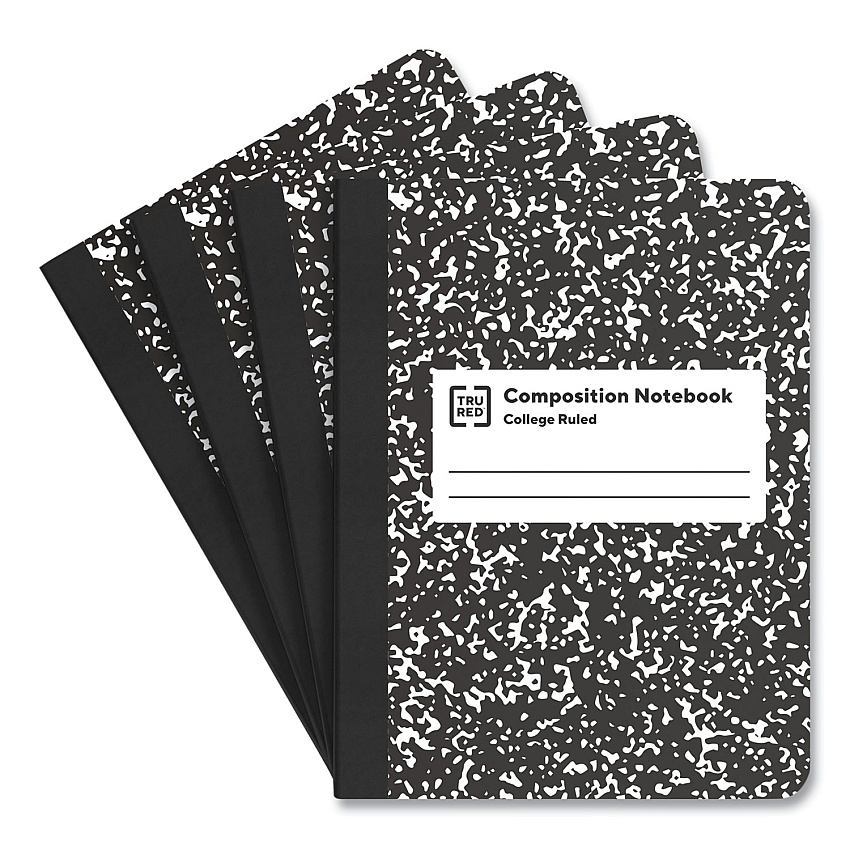 TRU RED Composition Notebook, Medium/College Rule, Black Marble Cover, (100) 9.75 x 7.5 Sheets, 4/Pack (TUD24422978)