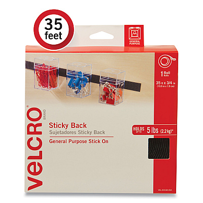 Velcro Sticky-Back Fasteners, Removable Adhesive, 0.75" x 35 ft, Black (VEK30168USA)