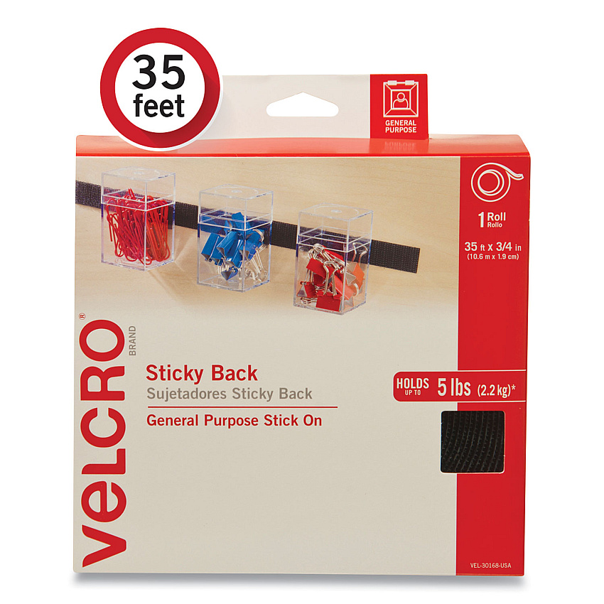 Velcro Sticky-Back Fasteners, Removable Adhesive, 0.75" x 35 ft, Black (VEK30168USA)
