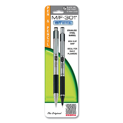 Zebra M/F 301 Stainless Steel Retractable Pen and Pencil Set, 0.7 mm Black Pen, 0.5 mm HB Pencil, Stainless Steel Barrels (ZEB57011)