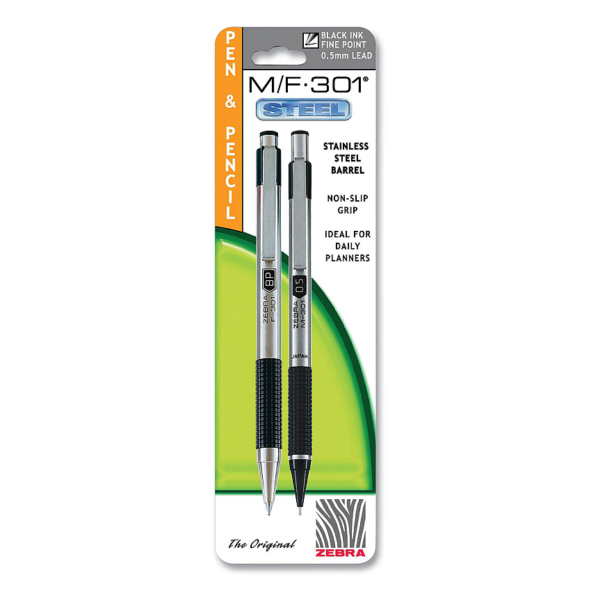 Zebra M/F 301 Stainless Steel Retractable Pen and Pencil Set, 0.7 mm Black Pen, 0.5 mm HB Pencil, Stainless Steel Barrels (ZEB57011)