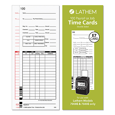 Time Clock Cards for Lathem Time 7000E/7500E, Two Sides, 3.38 x 8.78, 100/Pack (LTHE79100)