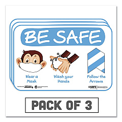 Tabbies BeSafe Messaging Education Wall Signs, 9 x 6,  "Be Safe, Wear a Mask, Wash Your Hands, Follow the Arrows", Monkey, 3/Pack (TAB29506)