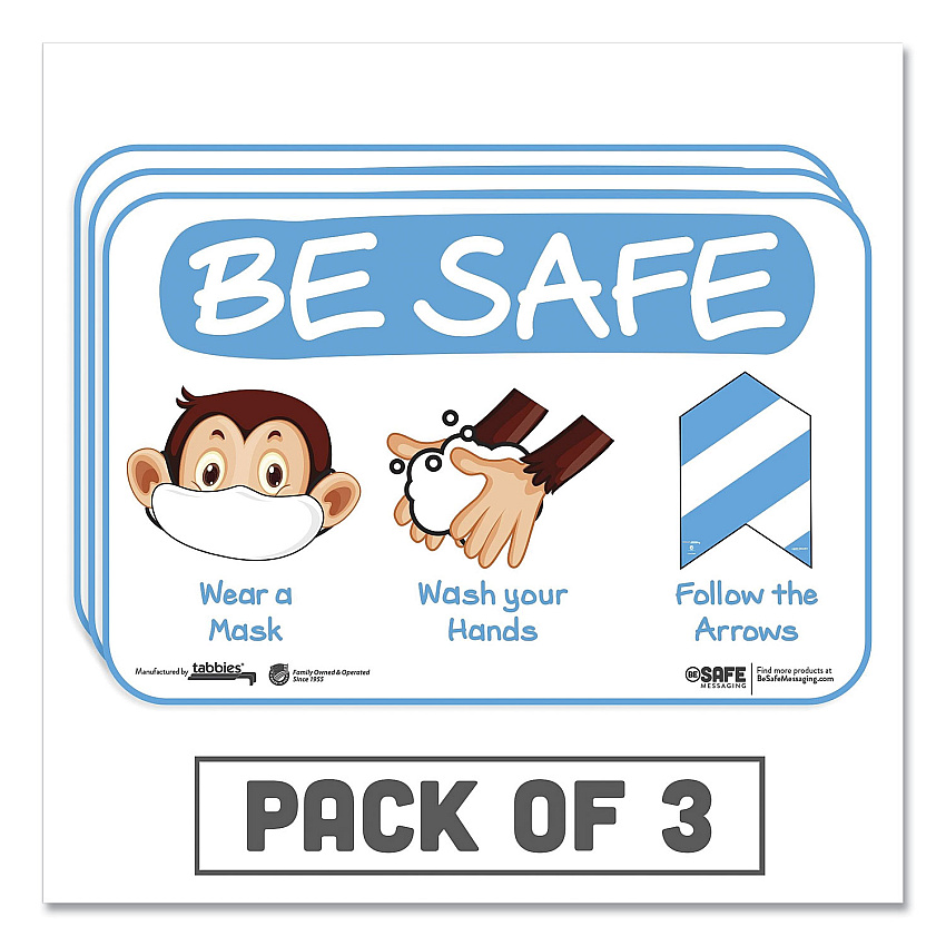 Tabbies BeSafe Messaging Education Wall Signs, 9 x 6,  "Be Safe, Wear a Mask, Wash Your Hands, Follow the Arrows", Monkey, 3/Pack (TAB29506)