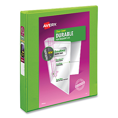Avery Durable View Binder with DuraHinge and Slant Rings, 3 Rings, 1" Capacity, 11 x 8.5, Bright Green (AVE34153EA)