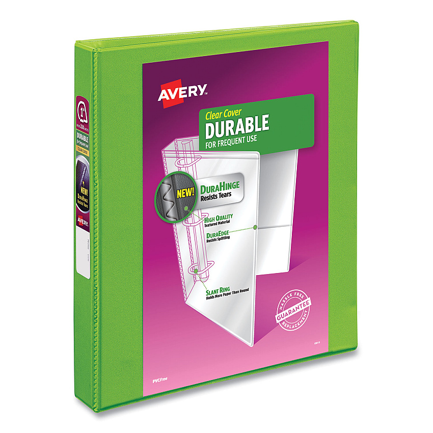 Avery Durable View Binder with DuraHinge and Slant Rings, 3 Rings, 1" Capacity, 11 x 8.5, Bright Green (AVE34153EA)