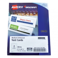 AbilityOne 7530016878806 SKILCRAFT/AVERY Tent Cards, White, 2.5 x 8.5, 2 Cards/Sheet, 50 Sheets/Pack