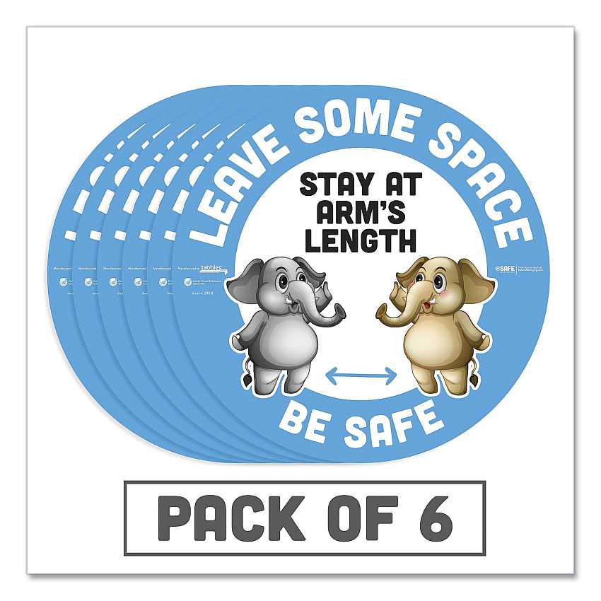 Tabbies BeSafe Messaging Education Floor Signs, Leave Some Space; Stay At Arms Length; Be Safe, 12" dia, White/Blue, 6/Pack (TAB29512)