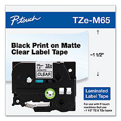 Brother TZe Standard Adhesive Laminated Labeling Tape, 1.4" x 26.2 ft, White on Matte Clear (BRTTZEM65)