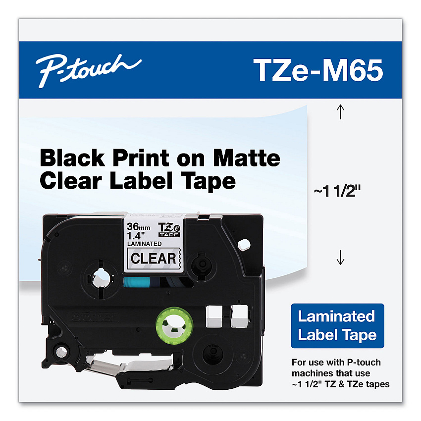 Brother TZe Standard Adhesive Laminated Labeling Tape, 1.4" x 26.2 ft, White on Matte Clear (BRTTZEM65)