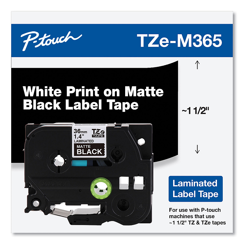 Brother TZe Standard Adhesive Laminated Labeling Tape, 1.4" x 26.2 ft, White on Matte Black (BRTTZEM365)