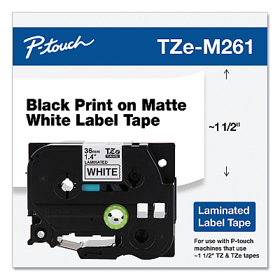 Brother TZe Standard Adhesive Laminated Labeling Tape, 1.4" x 26.2 ft, Black on Matte White (BRTTZEM261)