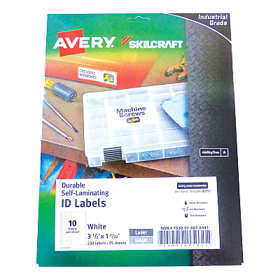 AbilityOne 7530016878443, SKILCRAFT AVERY Durable Self-Laminating ID Labels, 1.03 x 3.5, White, 10/Sheet, 25 Sheets/Pack