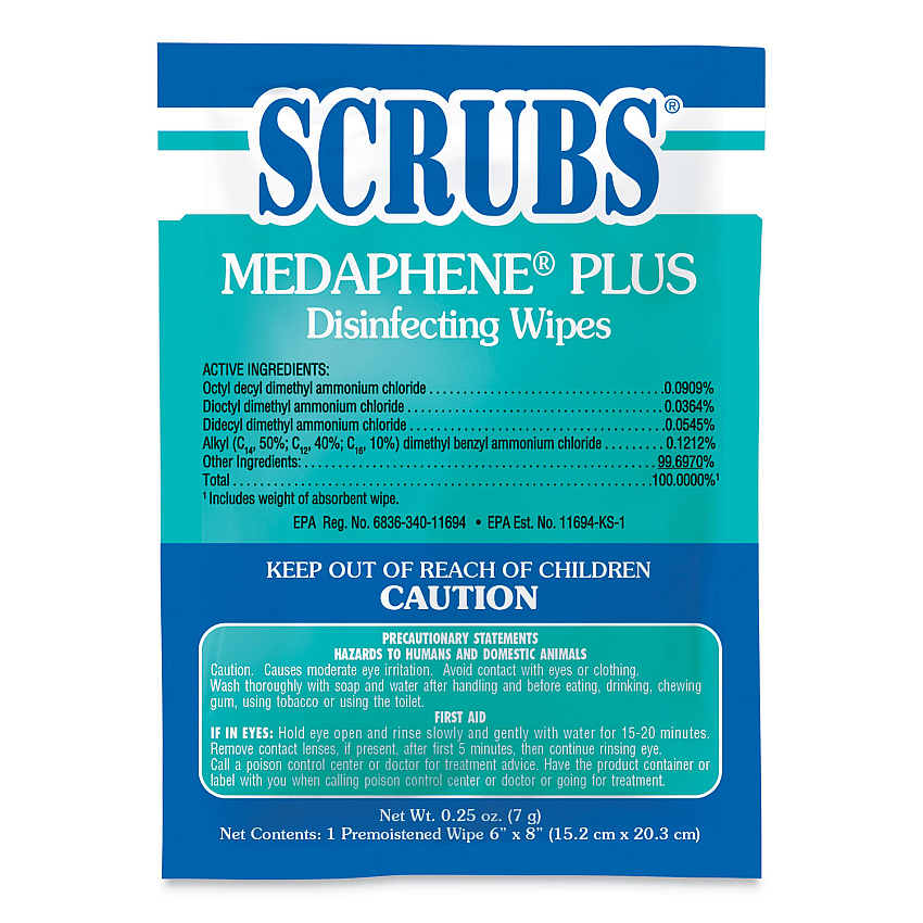 SCRUBS MEDAPHENE Plus Disinfectant Wet Wipes, 1-Ply, 6 x 8, Citrus, White, Individual Foil Packets, 100/Carton (ITW96301)