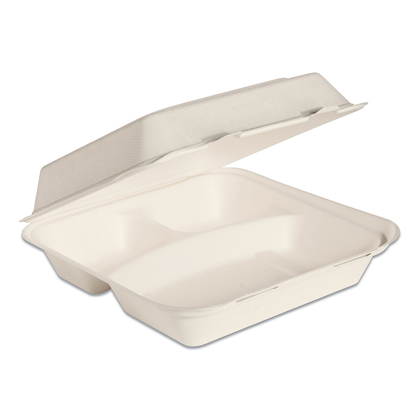 Solo Bare Eco-Forward Bagasse Hinged Lid Containers, ProPlanet Seal, 3-Compartment, 9.6 x 9.4 x 3.2, Ivory, Sugarcane, 200/Carton (SCCHC9CSC2050)