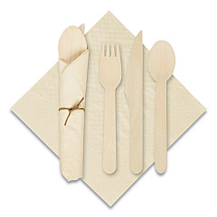 Hoffmaster Pre-Rolled Caterwrap Kraft Napkins with Wood Cutlery, 6 x 12 Napkin;Fork;Knife;Spoon, 7" to 9", Kraft, 100/Carton (HFM120030)