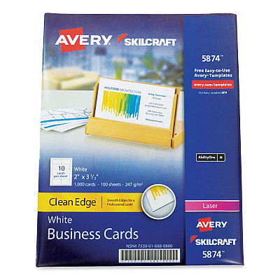 AbilityOne 7530016880800, SKILCRAFT AVERY Clean Edge Business Cards, Laser, 3.5 x 2, White, 1,000 Cards, 10 Cards/Sheet, 100 Sheets/Box