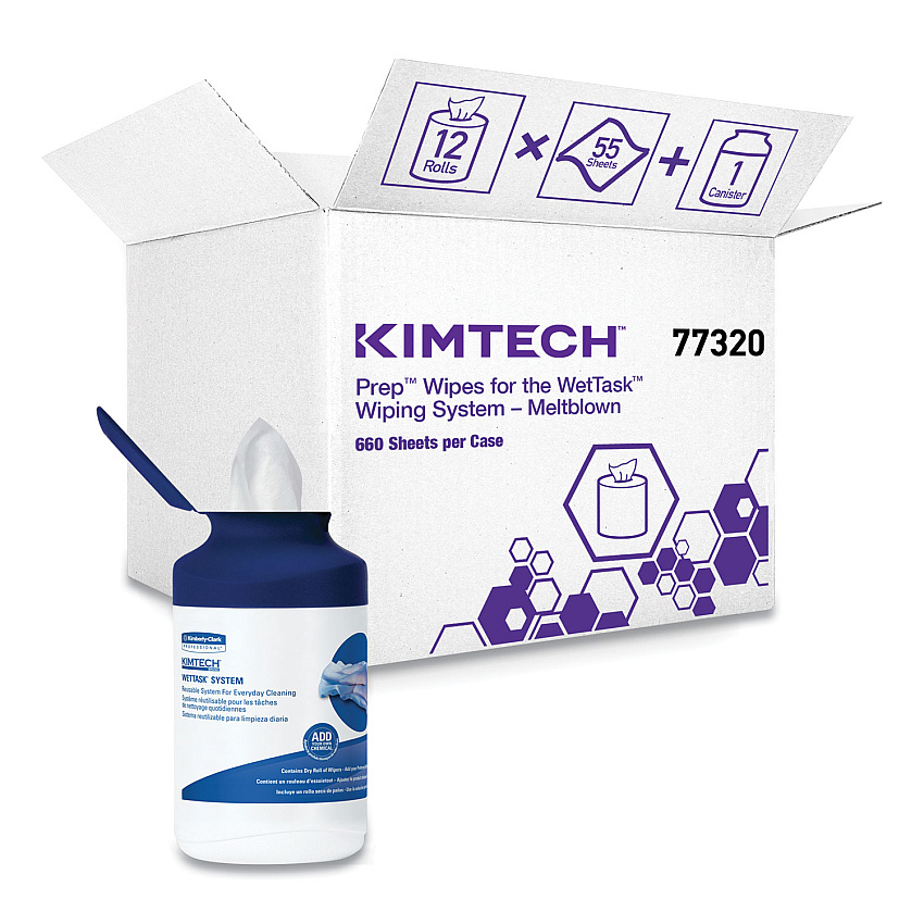 Kimtech WetTask System Prep Wipers for Bleach/Disinfectants/Sanitizers Hygienic Enclosed System Refills, w/Canister, 55/Rl,12 Roll/Ct (KCC7732005)