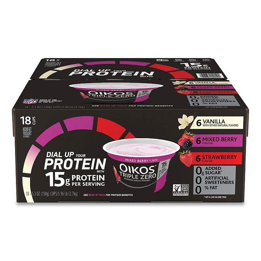 OIKOS Triple Zero Blended Greek Nonfat Yogurt, 5.3 oz, Strawberry/Mixed Berry/Vanilla, 18/Carton (GRR90200027)