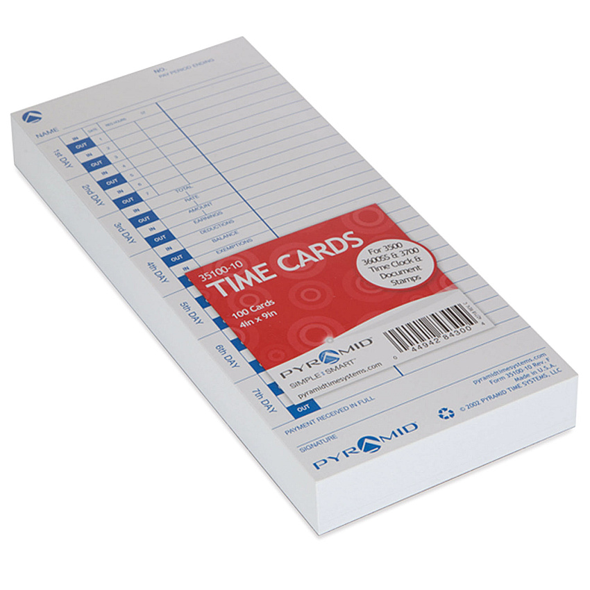 Time Clock Cards for Pyramid Technologies 3000, One Side, 4 x 9, 100/Pack (PTI3510010)
