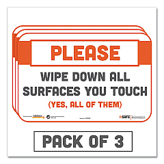 Tabbies BeSafe Messaging Repositionable Wall/Door Signs, 9 x 6, Please Wipe Down All Surfaces You Touch, White, 3/Pack (TAB29063)