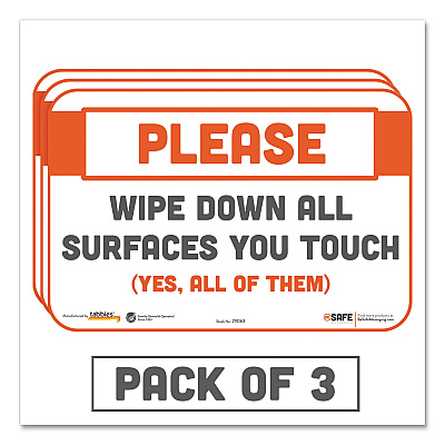 Tabbies BeSafe Messaging Repositionable Wall/Door Signs, 9 x 6, Please Wipe Down All Surfaces You Touch, White, 3/Pack (TAB29063)