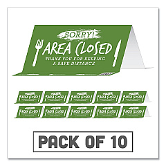 Tabbies BeSafe Messaging Table Top Tent Card, 8 x 3.87, Sorry! Area Closed Thank You For Keeping A Safe Distance, Green, 10/Pack (TAB79062)