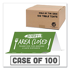 Tabbies BeSafe Messaging Table Top Tent Card, 8 x 3.87, Sorry! Area Closed Thank You For Keeping A Safe Distance, Green, 100/Carton (TAB79162)