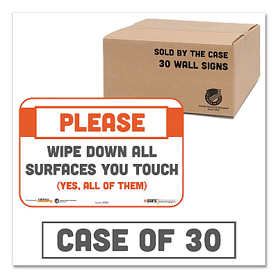Tabbies BeSafe Messaging Repositionable Wall/Door Signs, 9 x 6, Please Wipe Down All Surfaces You Touch, White, 30/Carton (TAB29163)