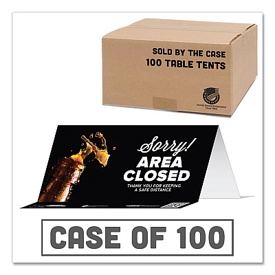 Tabbies BeSafe Messaging Table Top Tent Card, 8 x 3.87, Sorry! Area Closed Thank You For Keeping A Safe Distance, Black, 100/Carton (TAB79186)