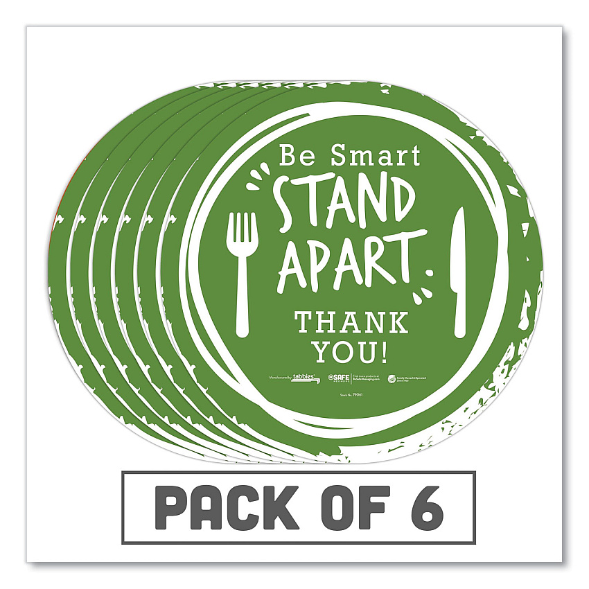 Tabbies BeSafe Messaging Floor Decals, Be Smart Stand Apart; Knife/Fork; Thank You, 12" Dia., Green/White, 6/Carton (TAB79061)