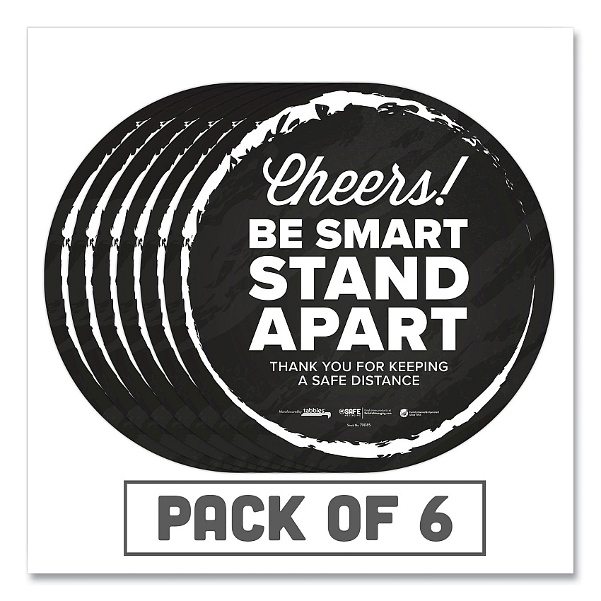 Tabbies BeSafe Messaging Floor Decals, Cheers;Be Smart Stand Apart;Thank You for Keeping A Safe Distance, 12" Dia, Black/White, 6/CT (TAB79085)