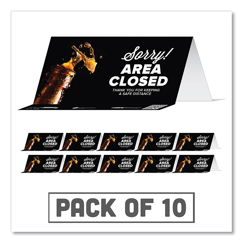Tabbies BeSafe Messaging Table Top Tent Card, 8 x 3.87, Sorry! Area Closed Thank You For Keeping A Safe Distance, Black, 10/Pack (TAB79086)