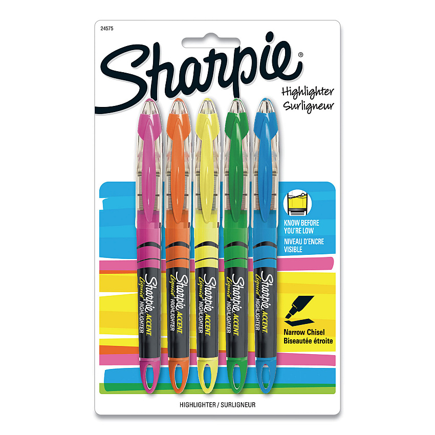 Sharpie Liquid Pen Style Highlighters, Assorted Ink Colors, Chisel Tip, Assorted Barrel Colors, 5/Set (SAN24575PP)