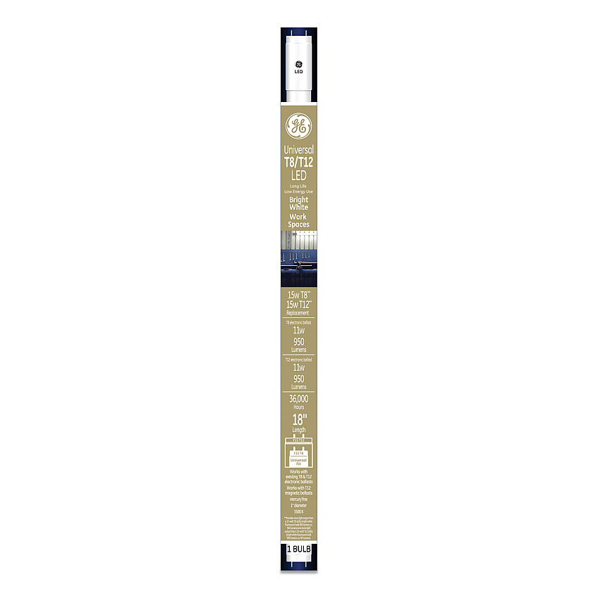 GE 18" T8/T12, 15 W, T8 Tube, 11 W, Bright White, 6/Carton (GEL37176)