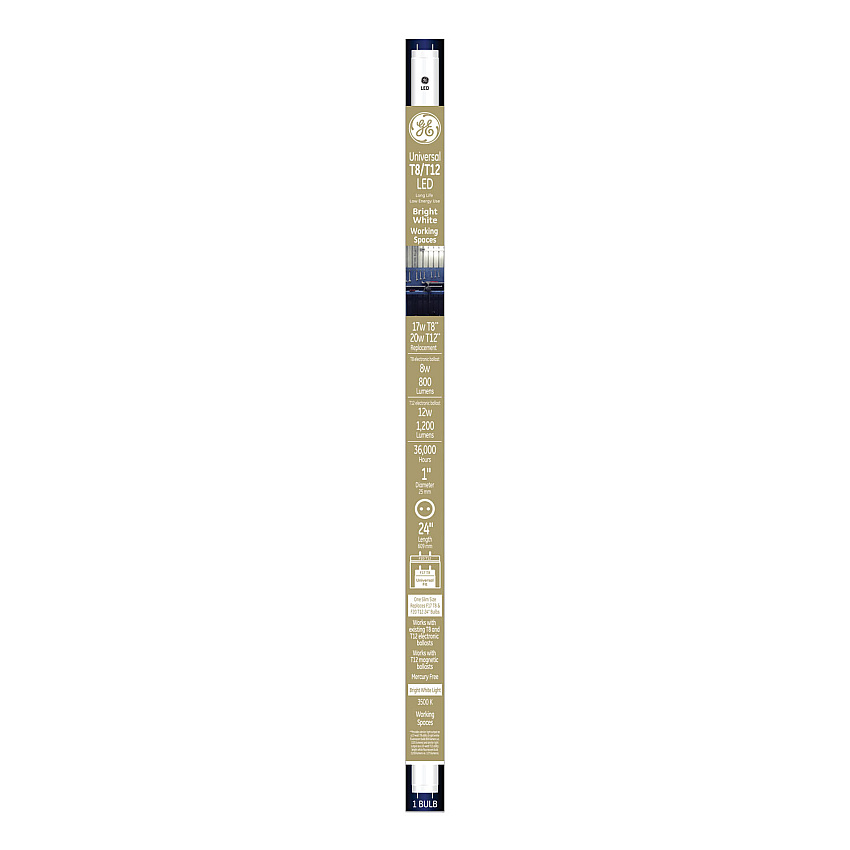 GE 24" T8/T12, 20 W, T8 Tube, 8 W, Bright White, 6/Carton (GEL37137)